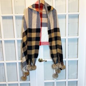 Echo Hooded Wrap with Fur Pom Poms